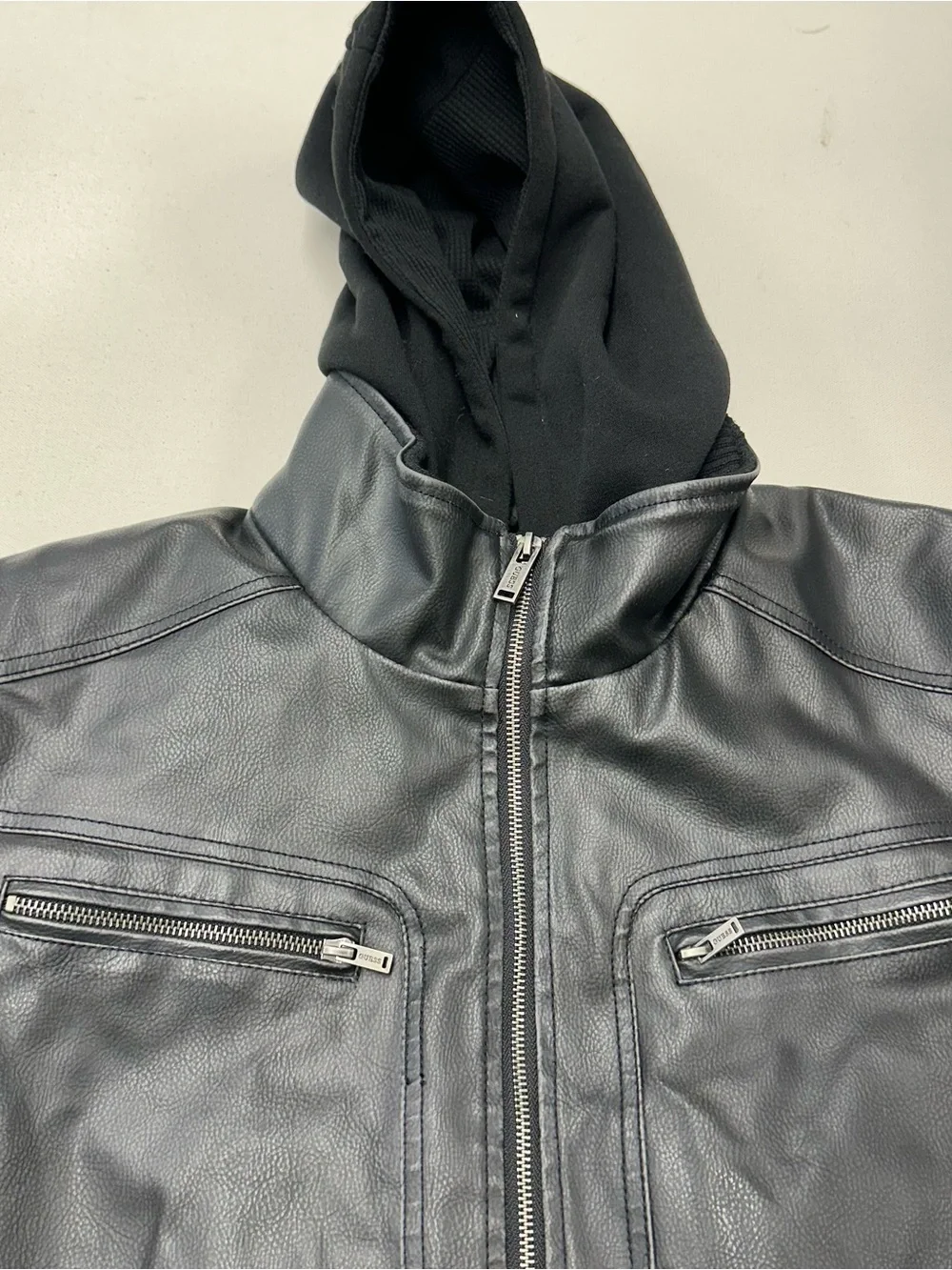Guess Faux Leather Motorcycle Jacket Mens XL Black Zipper Lining Hoodie Moto